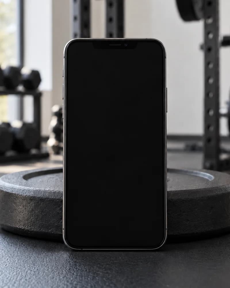 A phone on a weight plate showing an example trainer homepage
