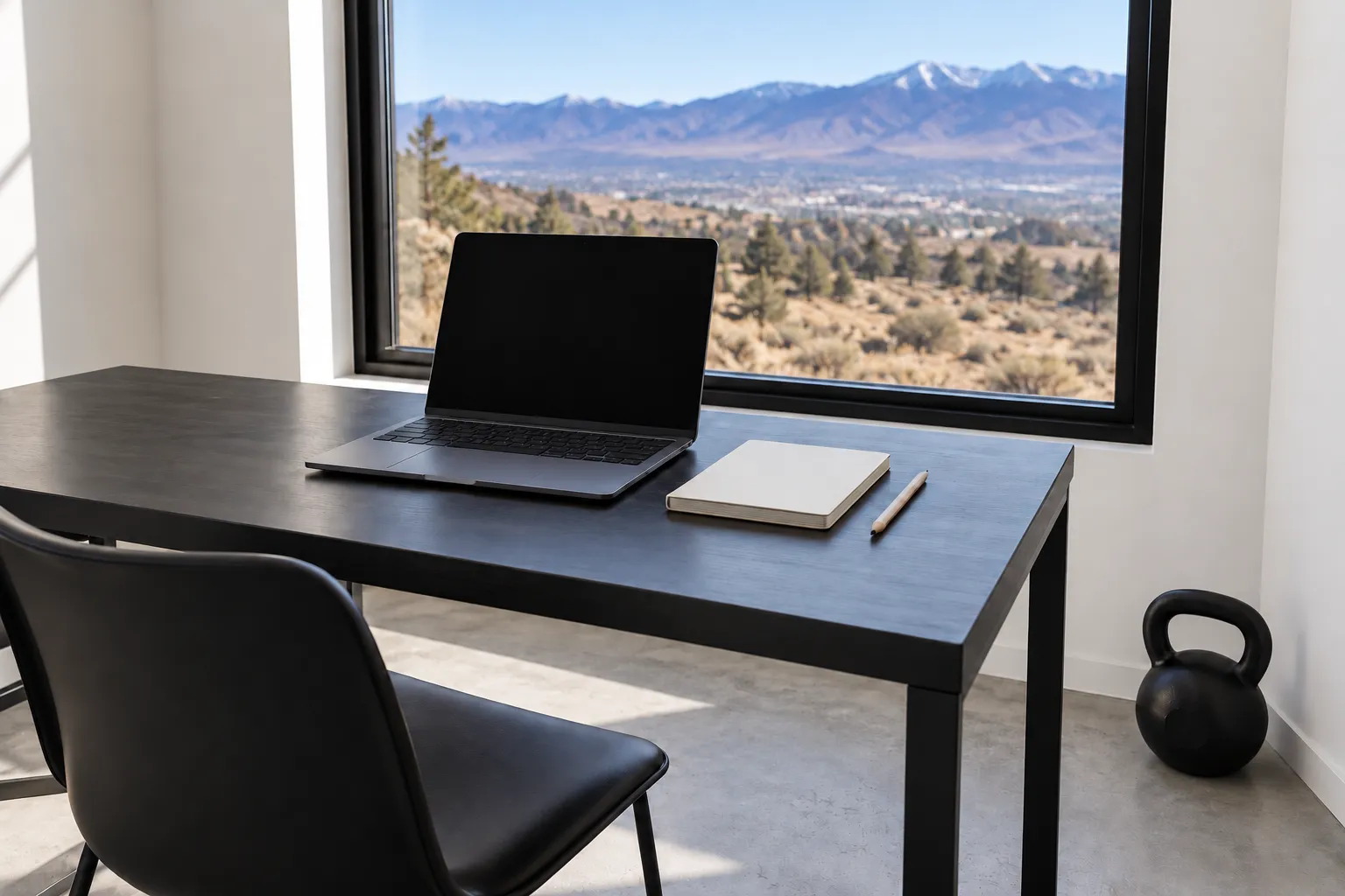 A desk by a window looking out over the Reno valley